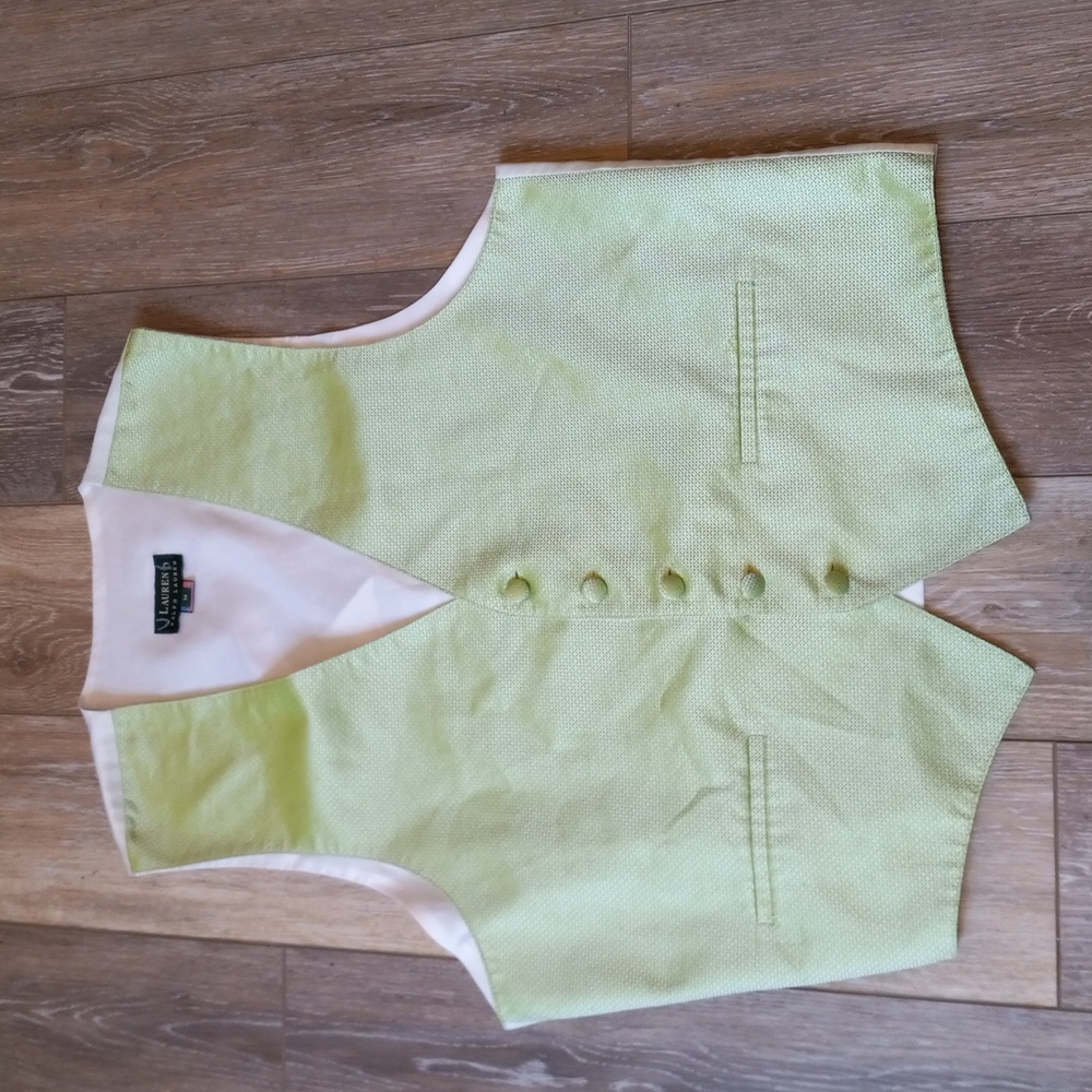 RALPH LAUREN Green and White Formal Button Down Vest With Faux Pockets